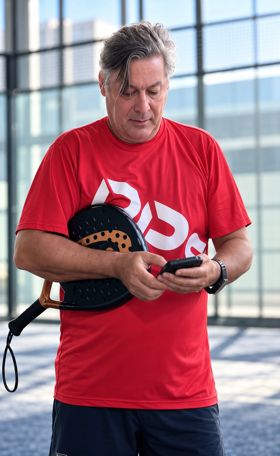 Javier Iglesias using RacketBud on his phone at a padel club