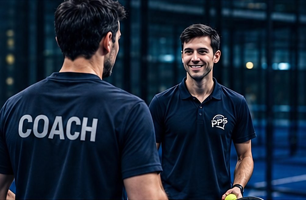Two PPS coaches talking on an indoor padel court