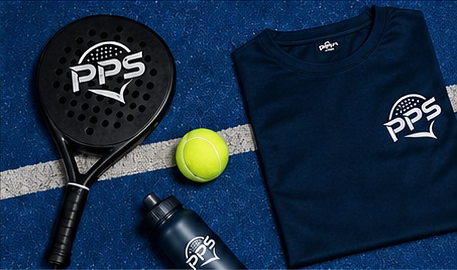 PPS racket, ball, shirt and bottle on a padel court